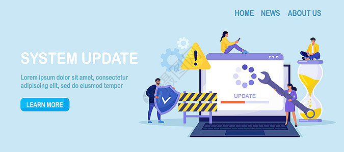 系统更新 小程序员升级操作系统 IT 专家更新软件 程序和应用程序 技术错误和服务 具有更新进度条的电脑膝上型电脑屏幕背景图片