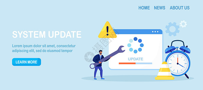 系统更新 小程序员升级操作系统 IT 专家更新软件 程序和应用程序 技术错误 服务 带有更新进度条和闹钟的网页网络监视器电话项目背景图片