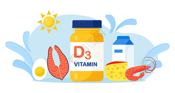 维生素 D 来源 富含胆钙化醇的食物 乳制品 多脂鱼 奶酪 虾和鸡蛋 饮食有机营养 食品补充剂和日光浴以减少缺乏症图片
