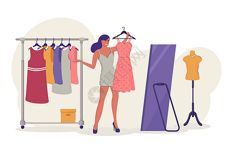 女人正在商店里试穿新裙子 购物概念 女孩站在镜子和衣架旁边 矢量插图 (Victor)图片