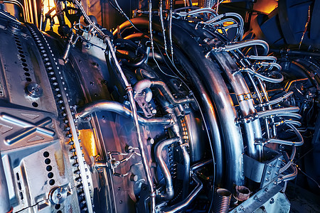 喷气飞机使用的燃气涡轮机发动机零部件部分排气植物气体工程燃料机械工厂航空引擎金属图片
