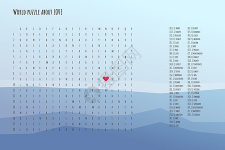 情人节字谜填字游戏  在脑力劳动拼图中找到列出的关于爱情的单词 注意力测试 英文猜谜游戏 单词向前和向下工作语言英语教育意义谜语图片