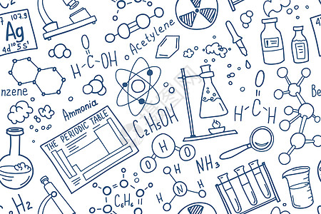 化学符号图标集 科学主题涂鸦设计 教育和学习理念 回到学校笔记本的粗略背景 而不是垫子 速写本手绘插图试管生物学记事本线条化学品图片