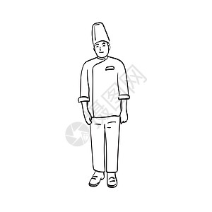在白色背景线艺术上被孤立的 完整长的主厨站立插图矢量手图片