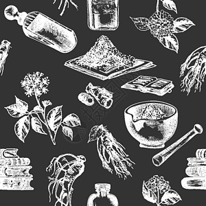 人参根 生命和花朵的无缝图案手绘 粉笔白色隔离在黑板背景上 复古复古图形设计 植物素描 雕刻风格叶子药店药品酊剂瓶子蔬菜杯子草图图片