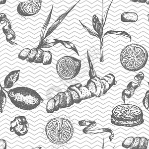 面包素描由姜树根 柠檬 生活和鲜花所绘制的无缝图案手法 黑色白色背景 变本加厉的图形设计 植物素描 雕刻风格草本植物叶子刷子绘画食物果汁插画