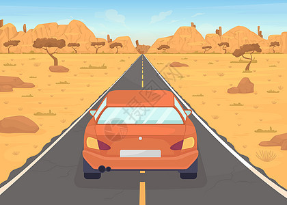 沙漠公路平面彩色矢量插图图片