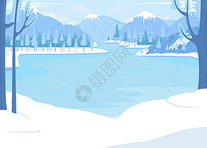 由山脉平面彩色矢量图环绕的冰滑冰冻湖图片