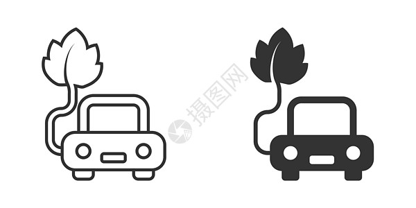 以平板风格显示的生态汽车图标 白孤立背景上的叶子和自动矢量插图 生物充电标志业务概念运输电池插头燃料环境电子收费驾驶活力电缆图片