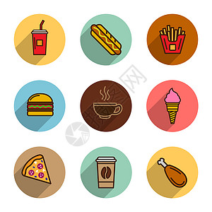 快餐矢量彩色平面设计图标 比萨饼 热狗 薯条 汉堡包 咖啡 用于移动应用程序和网页设计的模板元素图片