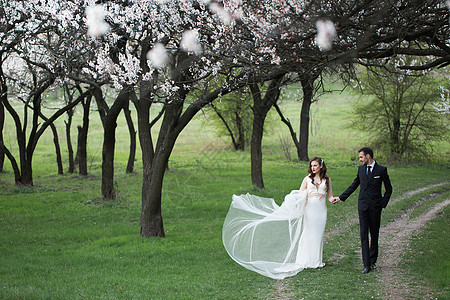 绿色森林里的新娘和新郎公园女士婚礼裙子太阳夫妻婚姻幸福国家花朵图片