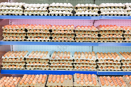 在超市的书架上打着不同品牌的鸡蛋包装市场杂货店农业奶制品营养购物走道日记食物纸盒图片