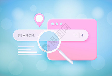 本地 SEO 3d 概念 搜索优化本地营销战略;搜索栏和网页 有放大器 平滑蓝色梯度背景的定点位置图标图片