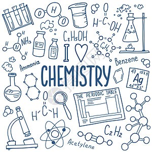 化学符号图标集 科学主题涂鸦设计 教育和学习理念 回到学校笔记本的粗略背景 而不是垫子 速写本化学品药品方案辐射插图烧瓶线条班级图片