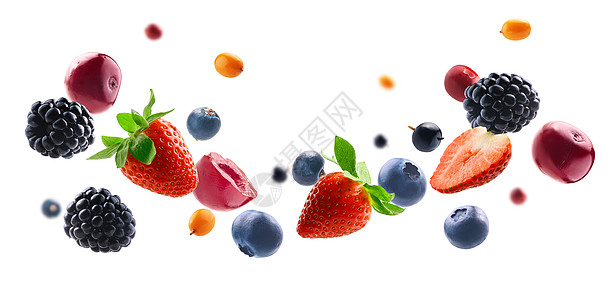 许多不同的浆果 以白色背景的框形形式呈现甜点叶子宏观框架飞行团体食物沙棘水果营养图片