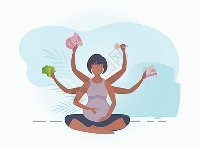 孕妇瑜伽; 怀孕快乐; 设计时用温和颜色的贺卡或海报; 平面矢量插图图片
