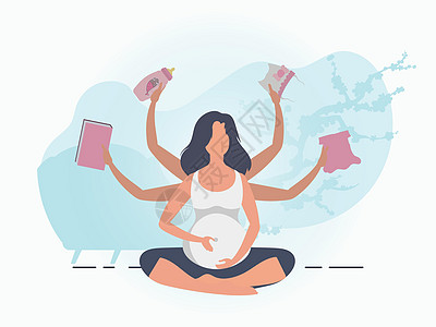 孕妇瑜伽; 怀孕快乐; 贴纸或海报 以温和的颜色发给你; 漫画风格中的矢量插图图片