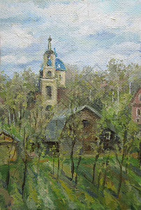 葡萄园油画五月在俄罗斯 一个小城镇的教堂 油画背景