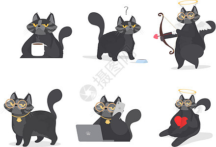 有趣的猫大向量集 套与猫的滑稽的贴纸 适合明信片衬衫积极的主题咖啡微笑喇叭收藏乐趣小猫卡片涂鸦宠物样子背景图片