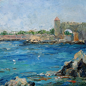 地中海油画罗兹堡垒靠近海边 夏季 希腊 希腊 油画背景