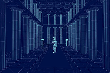 带有历史大厅 柱子和由白色背景隔离的蓝线雕像的线性框架 3D 矢量插图图片