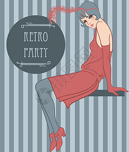 Flapper女孩 回溯邀请派对设计女士插图海报明信片挡板女性艺术魅力发型乡愁图片