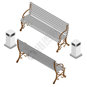 设置成街道板凳 有白色背景上孤立的垃圾桶 平坦样式 直线视图 矢量插图图片