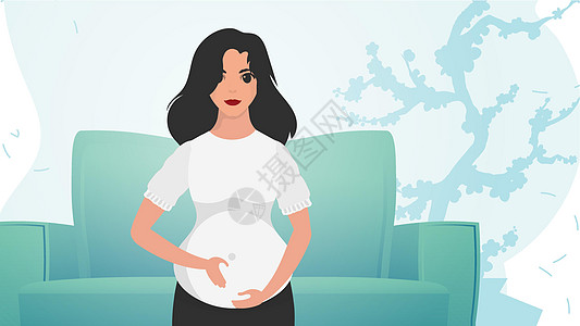 一名孕妇正捂着肚子 怀孕和孕产 矢量图图片
