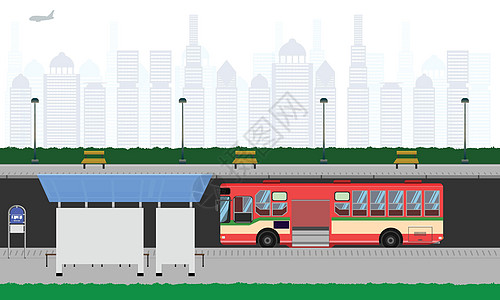 市内户外路红公共汽车车站的红色公交站 台杆灯标志水平矢量插图eps10图片