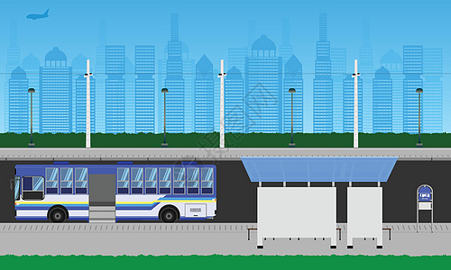 城市户外道路蓝色天空公交车停靠在火车站杆灯标志水平矢量插图eps10图片