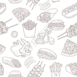 无缝模式与快餐小吃汉堡香肠草图烧烤雕刻热狗芝士午餐薯条图片