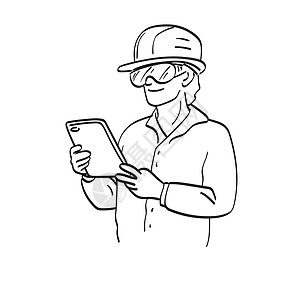 微笑的年轻工程师在安全帽正在使用平板电脑插图矢量手绘隔离在白色背景线条艺术图片