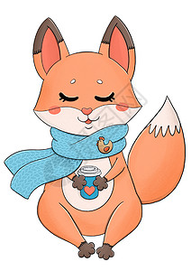 披着围巾和咖啡的可爱小狐狸图片
