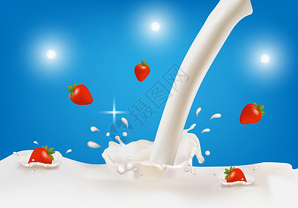 要让产品开胃 你需要做一个牛奶喷洒 并添加红草莓水果海浪奶制品插图运动墙纸乳白色营养奶油蓝色饮食图片