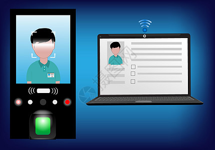 面部扫描仪和指纹扫描仪 将核查概念纳入办公室内部位男人技术生物数据设计互联网电脑识别相机图片