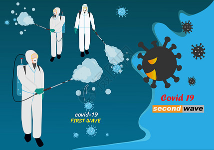 第二波冠状病毒大流行爆发的概念 一群穿着防护服的人进行清洁 喷洒和消毒 电晕病毒 冠状病毒矢量图图片