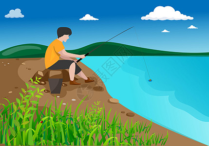 一个拿着钓鱼棍的人 坐在湖边的石头上图片