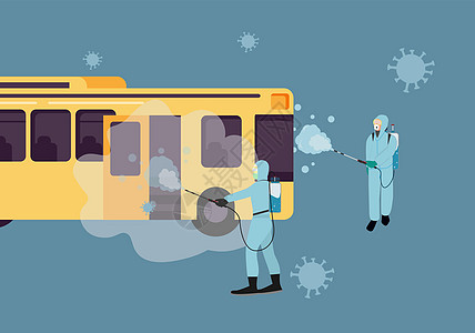 操作者在公共汽车上使用消毒喷雾器 以防止冠状病毒扩散以及汽车道路世界口罩清洁工司机衣服药品工人运输图片