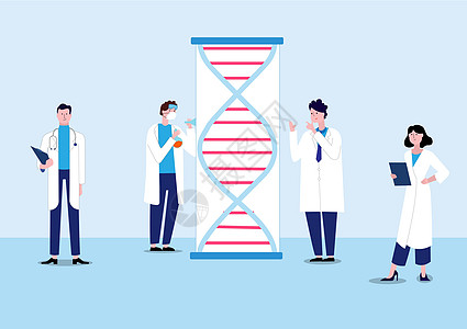 科学家们展示的DNA基因工程图示 矢量图解平面漫画海报横幅图片