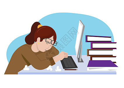 失眠女孩办公室里坐着睡着的疲劳妇女 在办公桌上长日工作矢量插图设计图片