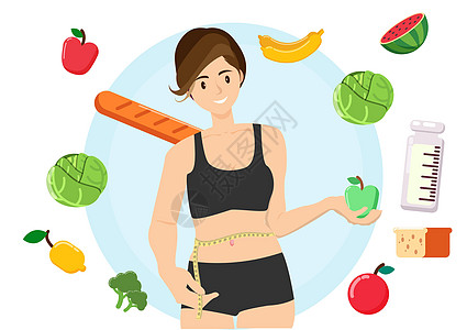 女性测量腰围 手握新鲜绿苹果 平式卡通插图矢量(Flat Style)图片