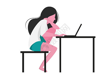 一个女人坐在家里 笔记本电脑被白色背景隔离 说明独立工作 学习 在家工作的想法 平面卡通风格的矢量图解图片