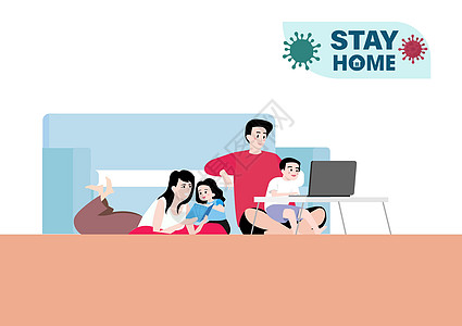家里幸福的家庭 母亲 父亲 儿子和女儿都很安全 可以防止冠状病毒在家里传播 亲子交流 平面插画矢量图片