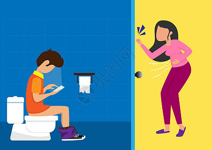 一个男人拿着手机坐在马桶上一个女人在门口等着 她要尿尿 但卫生间锁着 平面样式卡通插图矢量图片