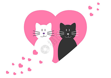 白猫和黑猫都是可爱的 粉红心脏中有一种浪漫的爱情 平凡风格的漫画插图Vecto图片