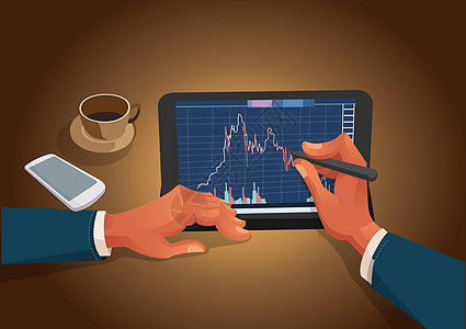 投资者手中的铅笔在平板电脑上观看股市变化 平面样式卡通插图矢量图片
