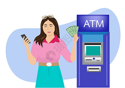 一名年轻女子在她的智能手机上的移动银行应用程序中持有现金 正在从 ATM 取款 卡通风格的银行应用矢量图图片