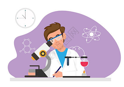 一名在实验室男性人物中工作的科学家 以平板风格进行显微镜实验矢量图解图片