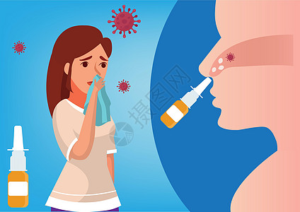 鼻洗泥土 纳萨尔盐注射 寒冷和流感季节 包括冠状病毒 平式卡通插图矢量药品过敏治愈发烧核弹呼吸鼻音医院情况疾病图片
