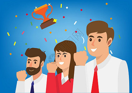 成功的商业团队-三位商务人士用奖杯庆祝成功 获胜团队的概念 平面样式卡通插图矢量图片